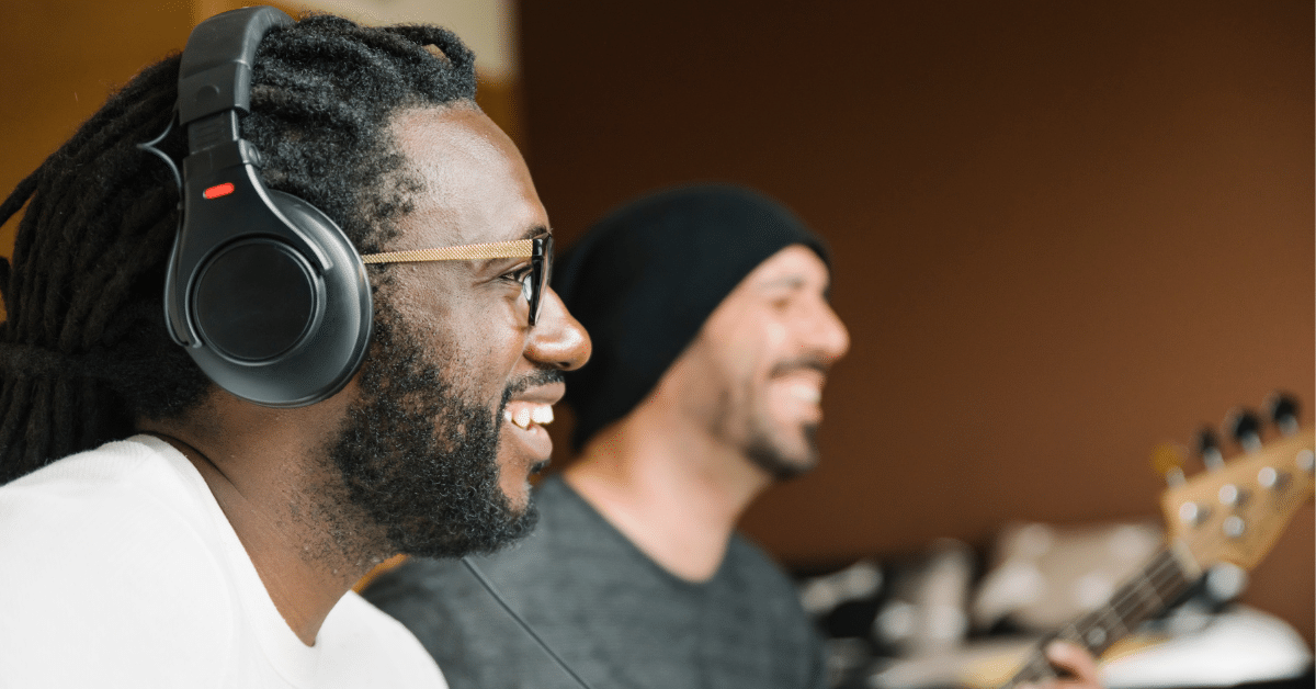 two musicians in the sound studio creating music